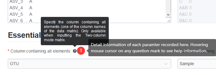 Hovering the mouse cursor on any question mark symbol to see help or description information.