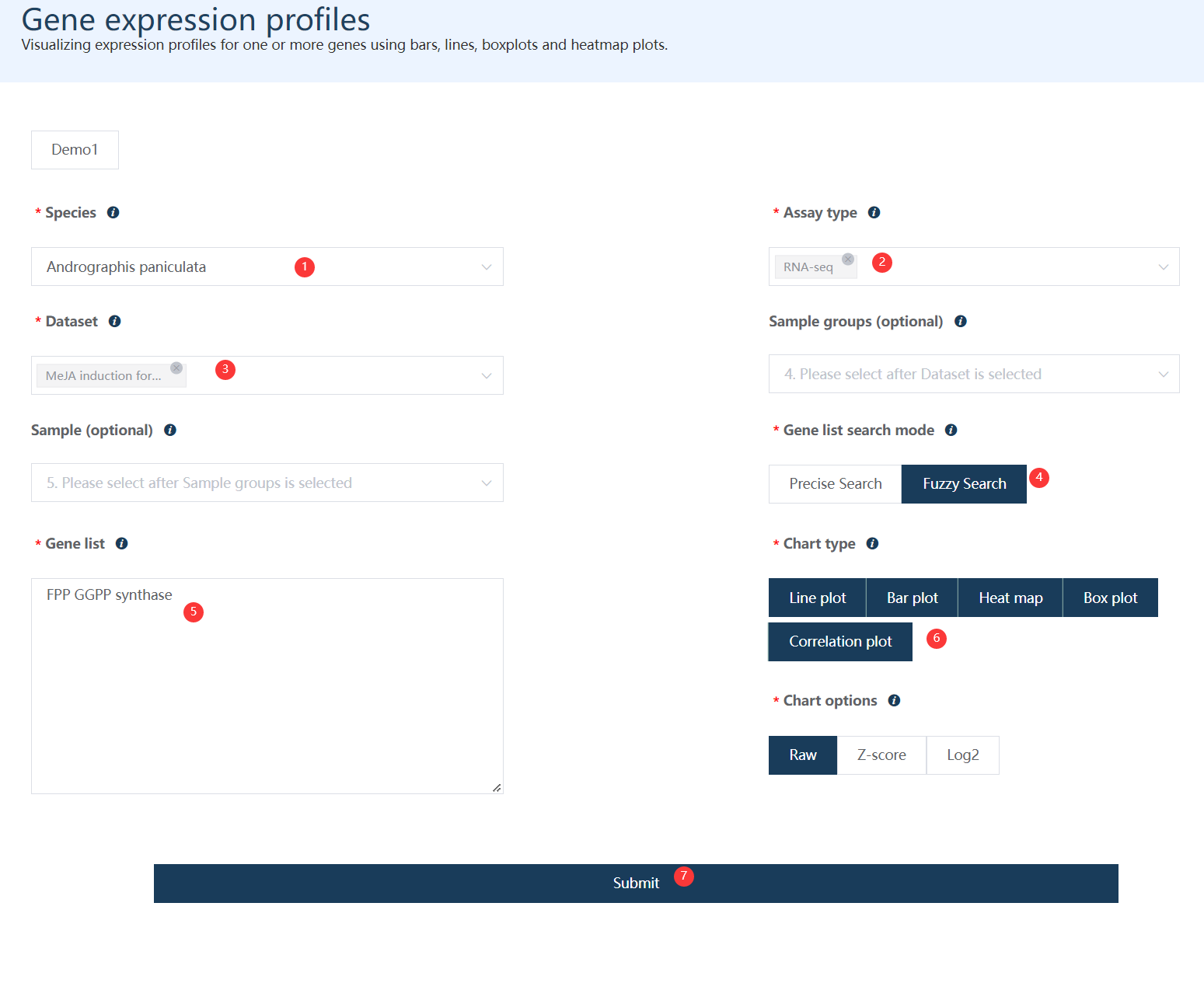 A screenshot of the one type of selections for gene expression profile analysis.