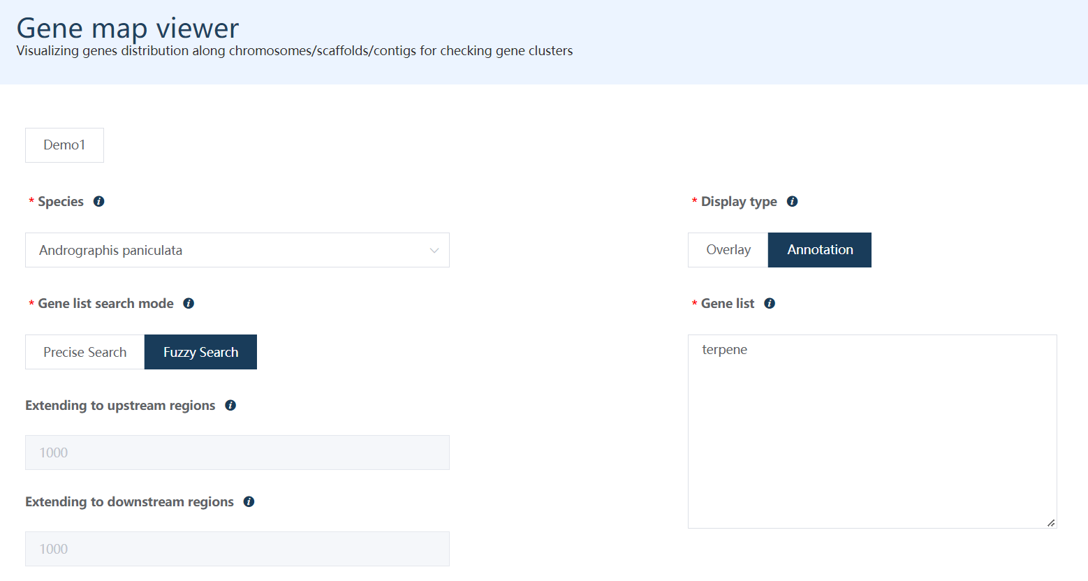 A screenshot of the one type of selection for Gene map viewer.
