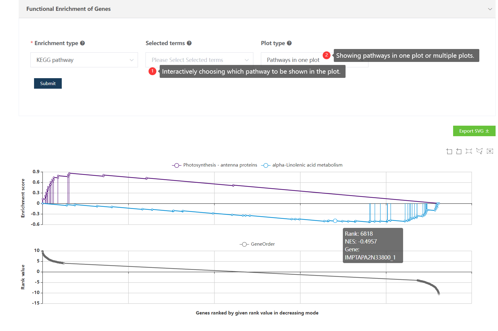The top plot shows the GSEA enrichment profiles of two top-enriched pathways. Vertical lines representing leading-edge genes. The bottom plot shows the rank distribution of all genes (actually only top 500 and bottom 500 genes are shown to accelerate the result loading).