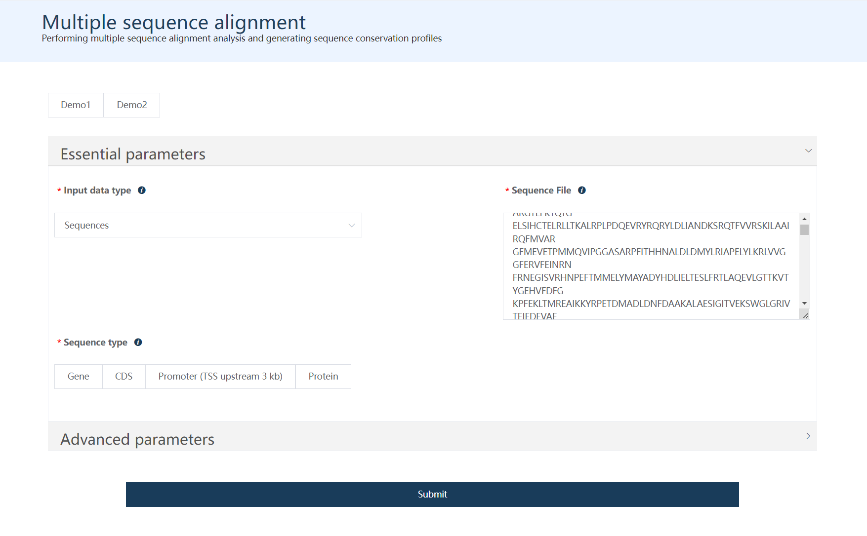 A screenshot of the one type of selection for Multiple Sequence Alignment.