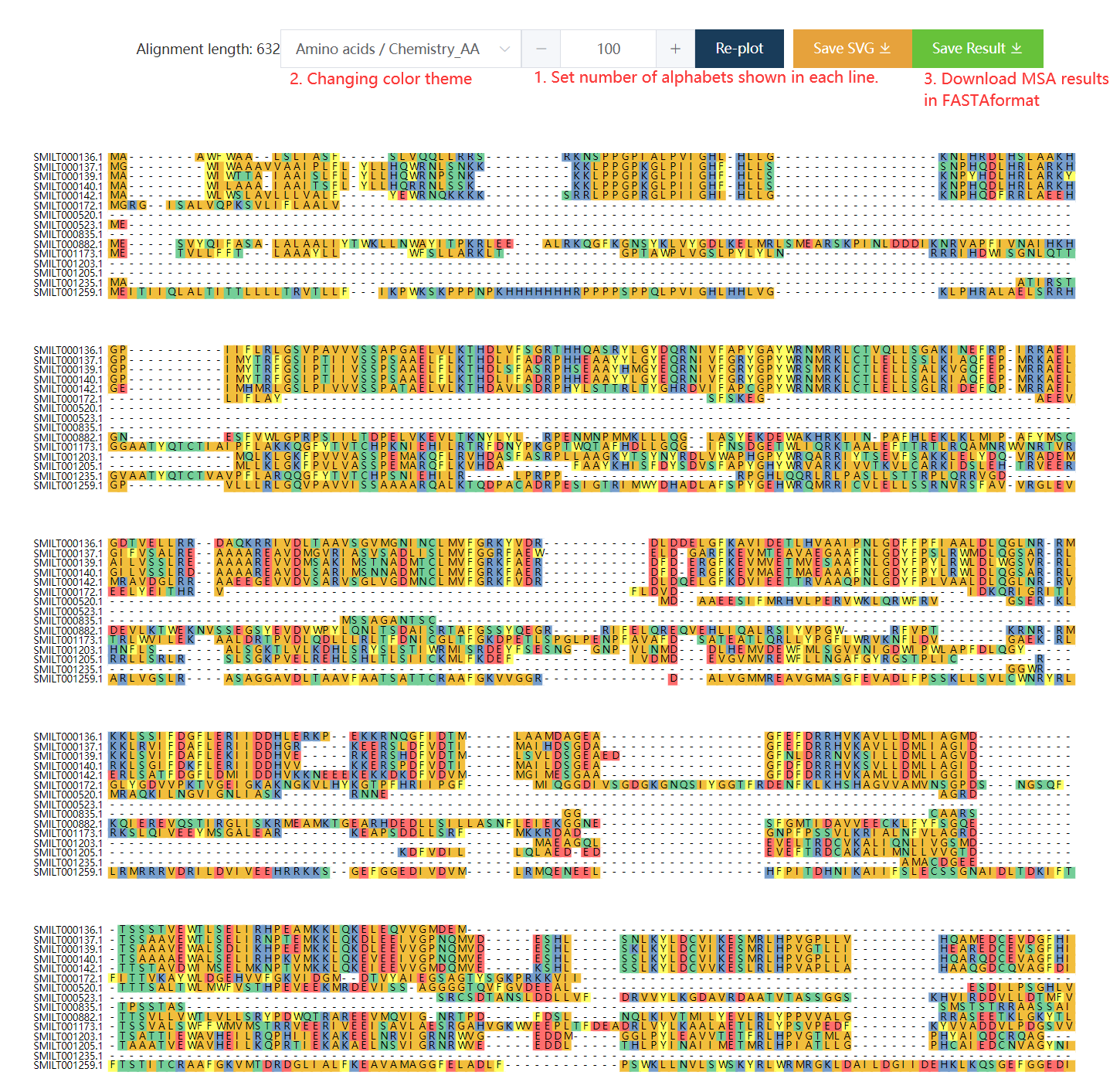 Multiple sequence alignment results. One can enlarge the number to alignment length to display all amino acids in one line.