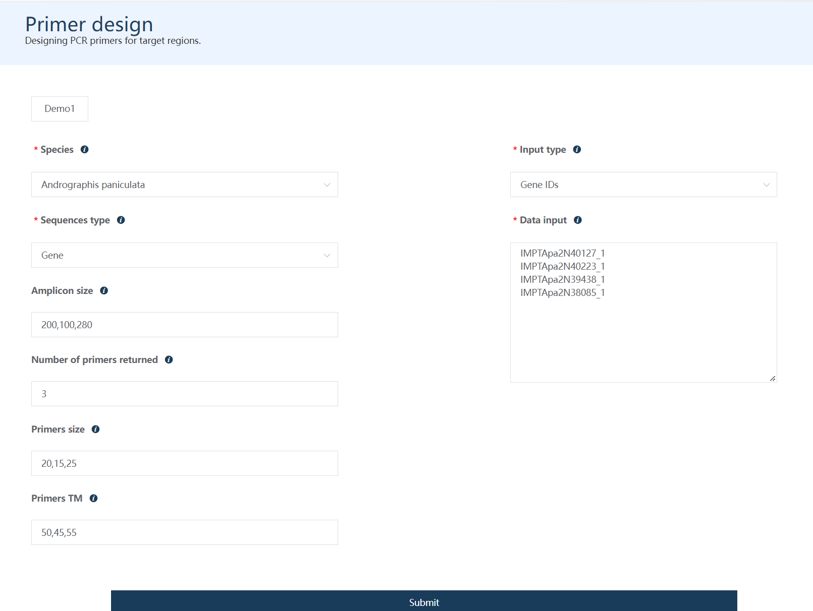 A screenshot of the one type of selection for Primer design.