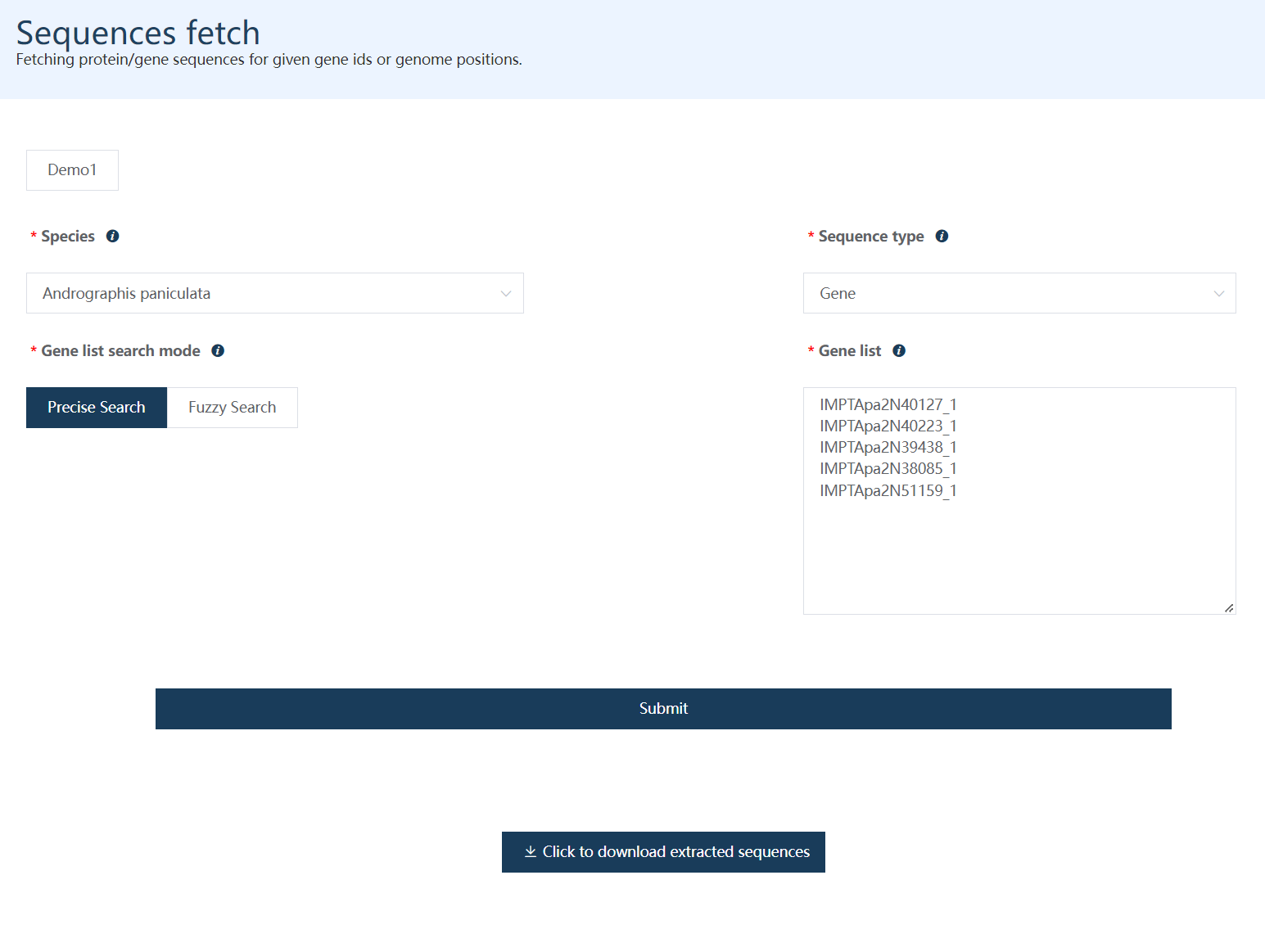 A screenshot of the one type of selection for Sequences fetch.