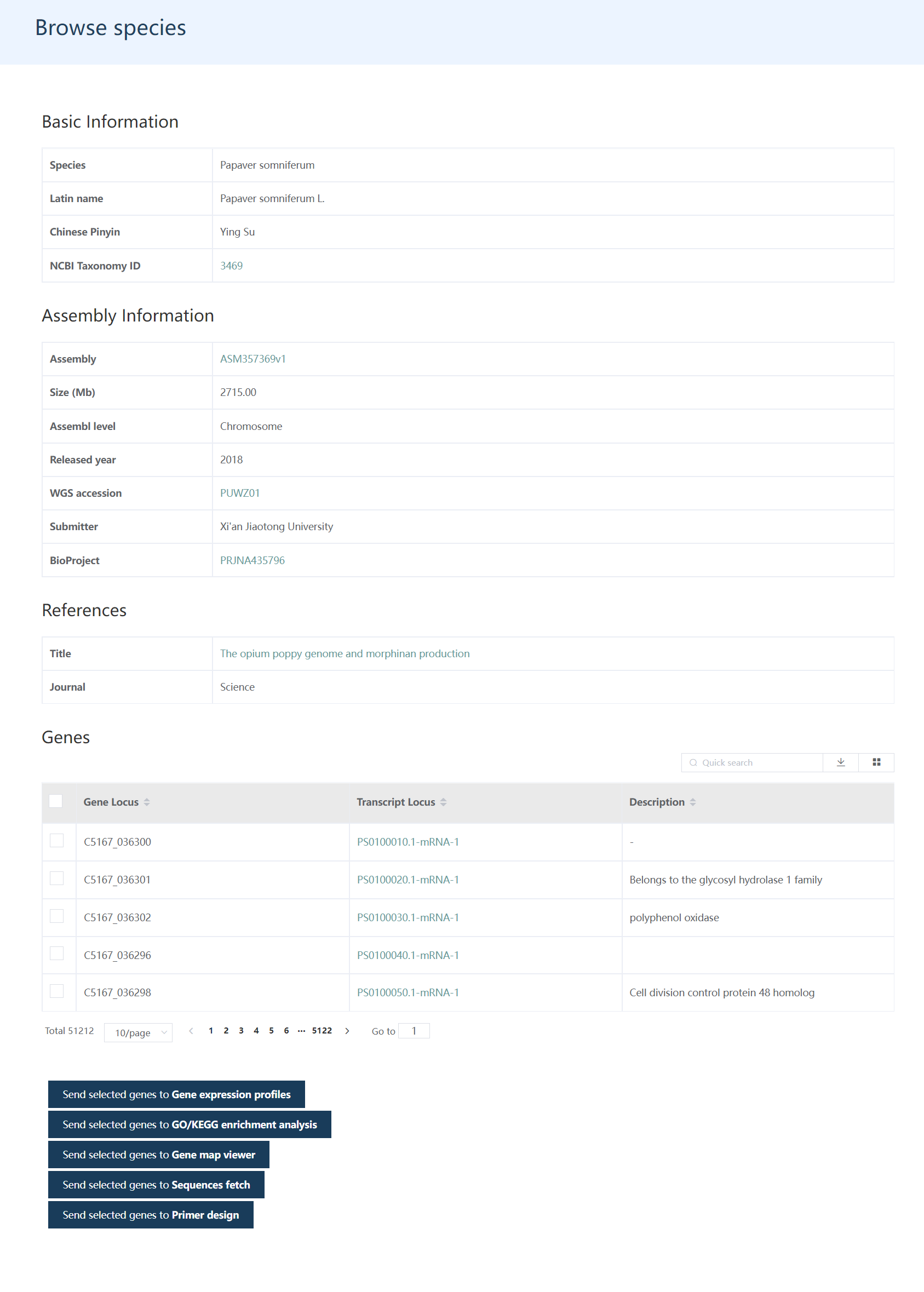 A screenshot of the Papaver somniferum detail page.