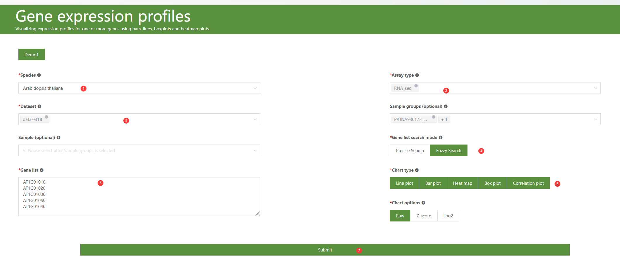 A screenshot of the one type of selections for gene expression profile analysis.