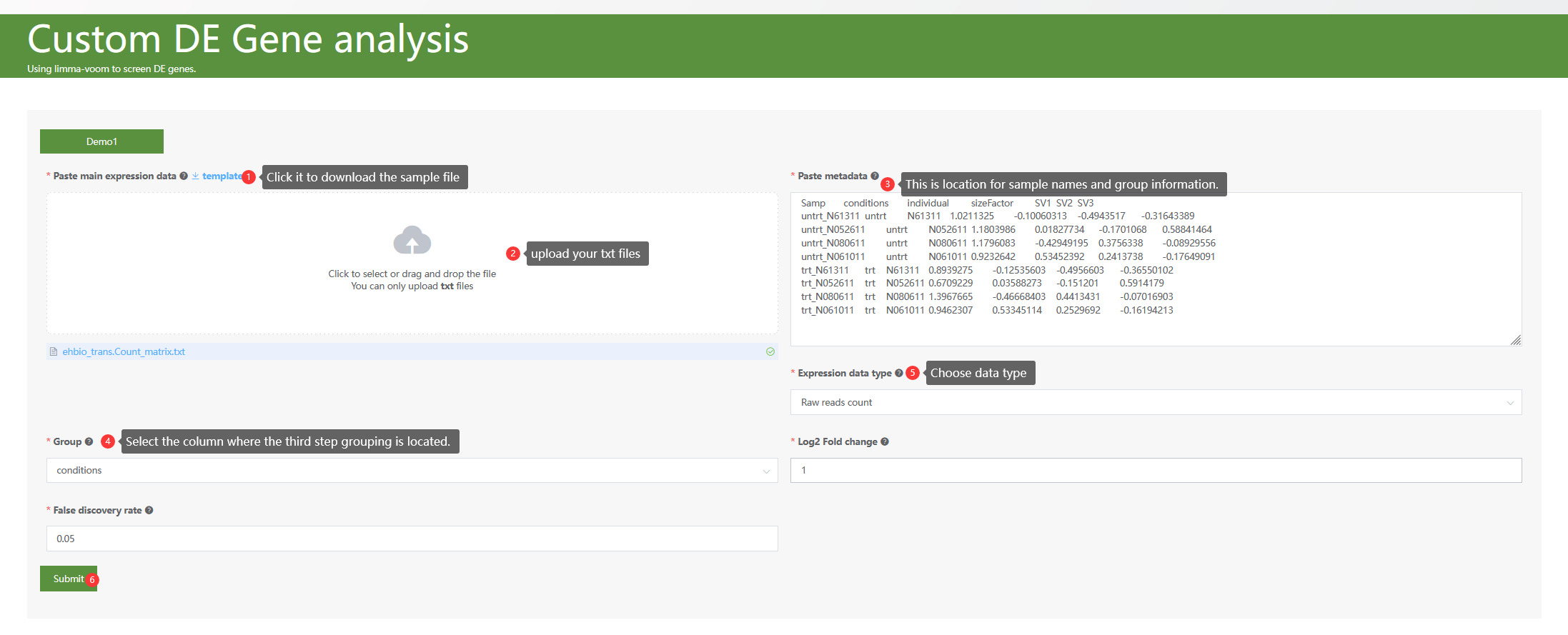 A screenshot of the first step of DE gene analysis.