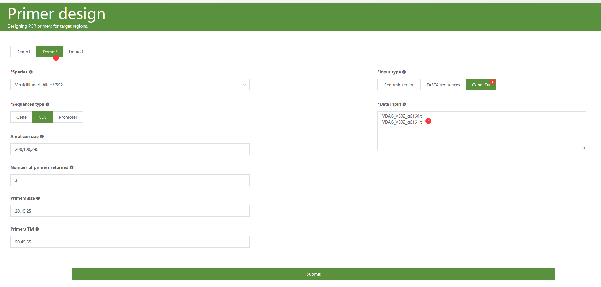 A screenshot of the one type of selection for Primer design.
