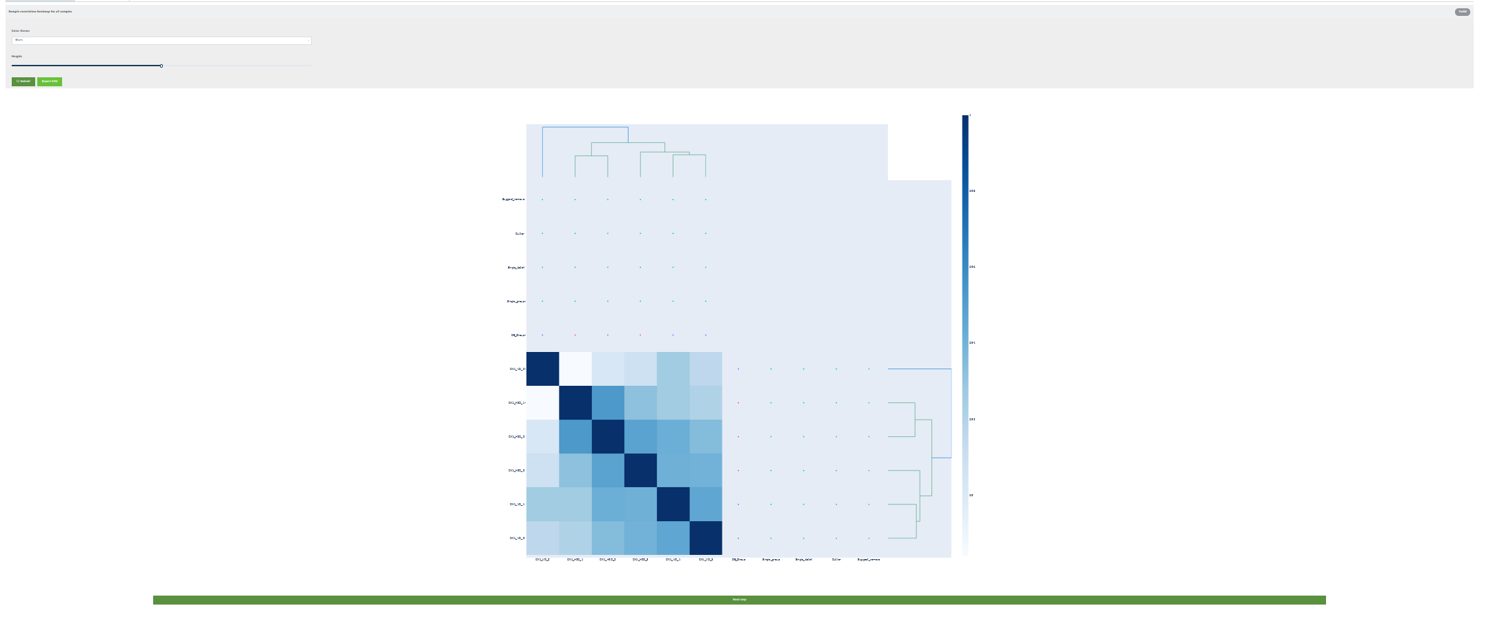 Heatmap showing expression profile of 6 samples. DE_Group: Biological groups detected based on metadata and user selection. Single_group: check if one biological group only contains one sample. Single_batch: check if one specified batch only contains one sample. Outlier: Potential outlier samples when this value is true. Suggest_remove: Samples with this value as true would be automatically removed.