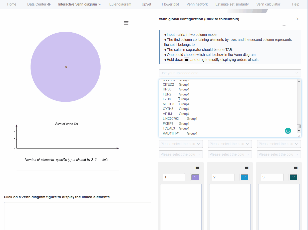 Animation illustrating the steps of generating interactive venn diagrams with pasted data matrix.