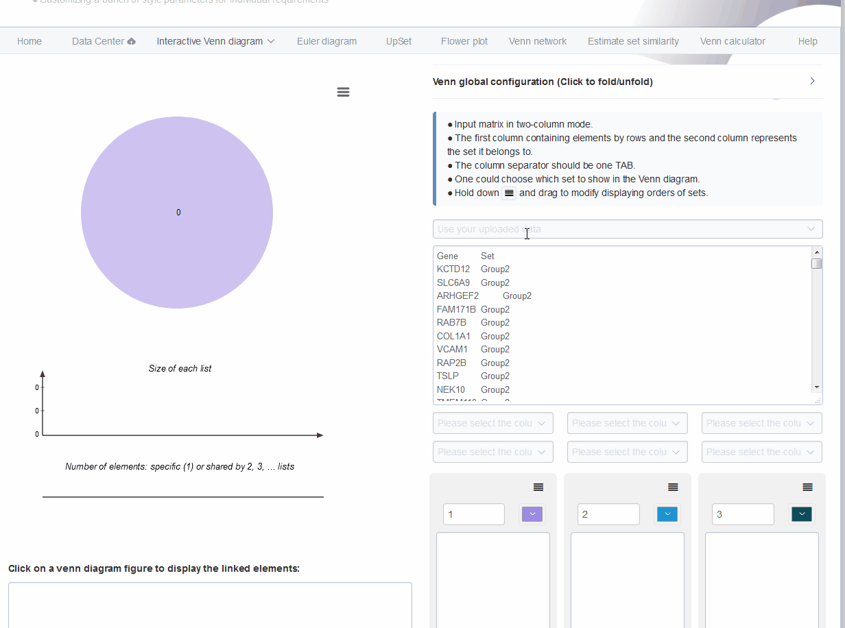 An animation illustrating the steps of generating interactive venn diagrams with previously uploaded data matrix.