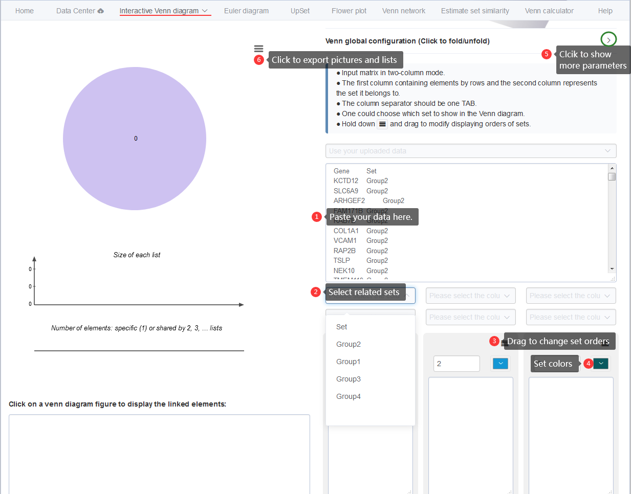 Displaying the steps for generating interactive venn diagrams with pasted data matrix in two-column mode.